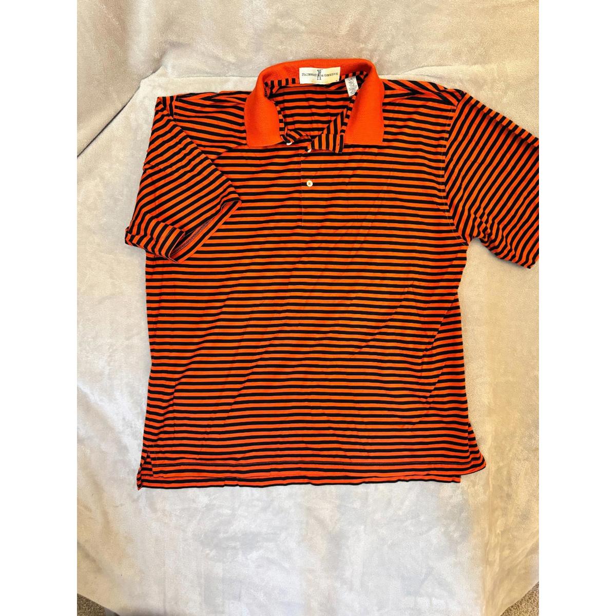 Fairway  Greene Mens Orange  Black Striped Polo Shirt Size Large
